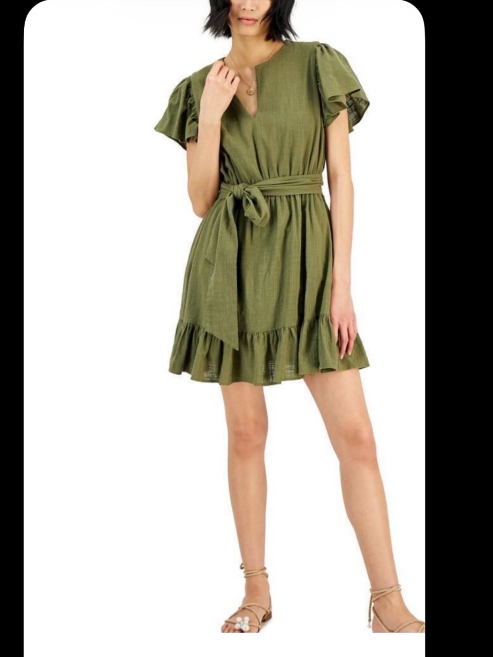 INC International Concepts Olive Green dress 100% cotton flutter sleeve bow S